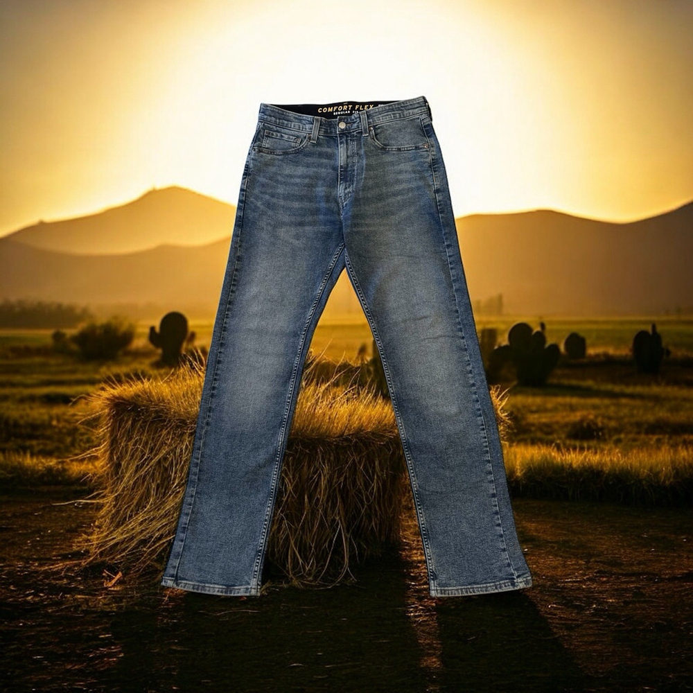 Comfort Flex Levi Jeans Mens 33 X 34 Blue Straight Leg Durable Distressed Denim